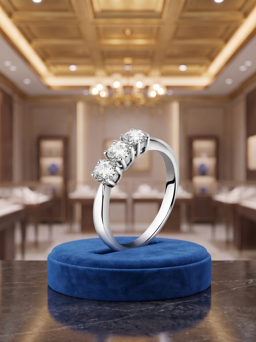 Anello trilogy in oro bianco con tre diamanti a taglio brillante, esposto da Lalinga Oro a Taranto
